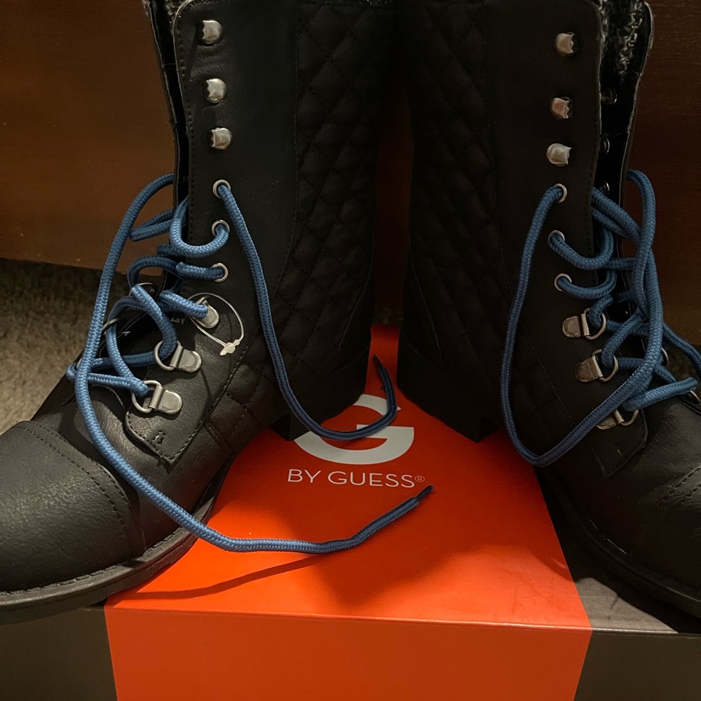 Guess Black Quilted Boots with Blue Accents